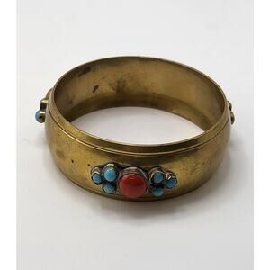 Vintage Brass Turquoise Coral Style Bangle Bracelet